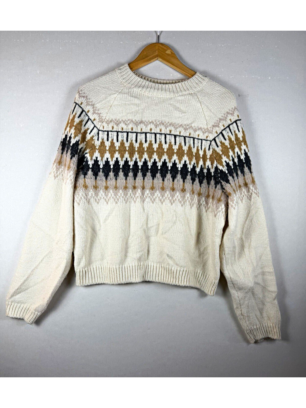 American Eagle Women's Ivory Fair Isle Knit Crew Neck Pullover Sweater Size L